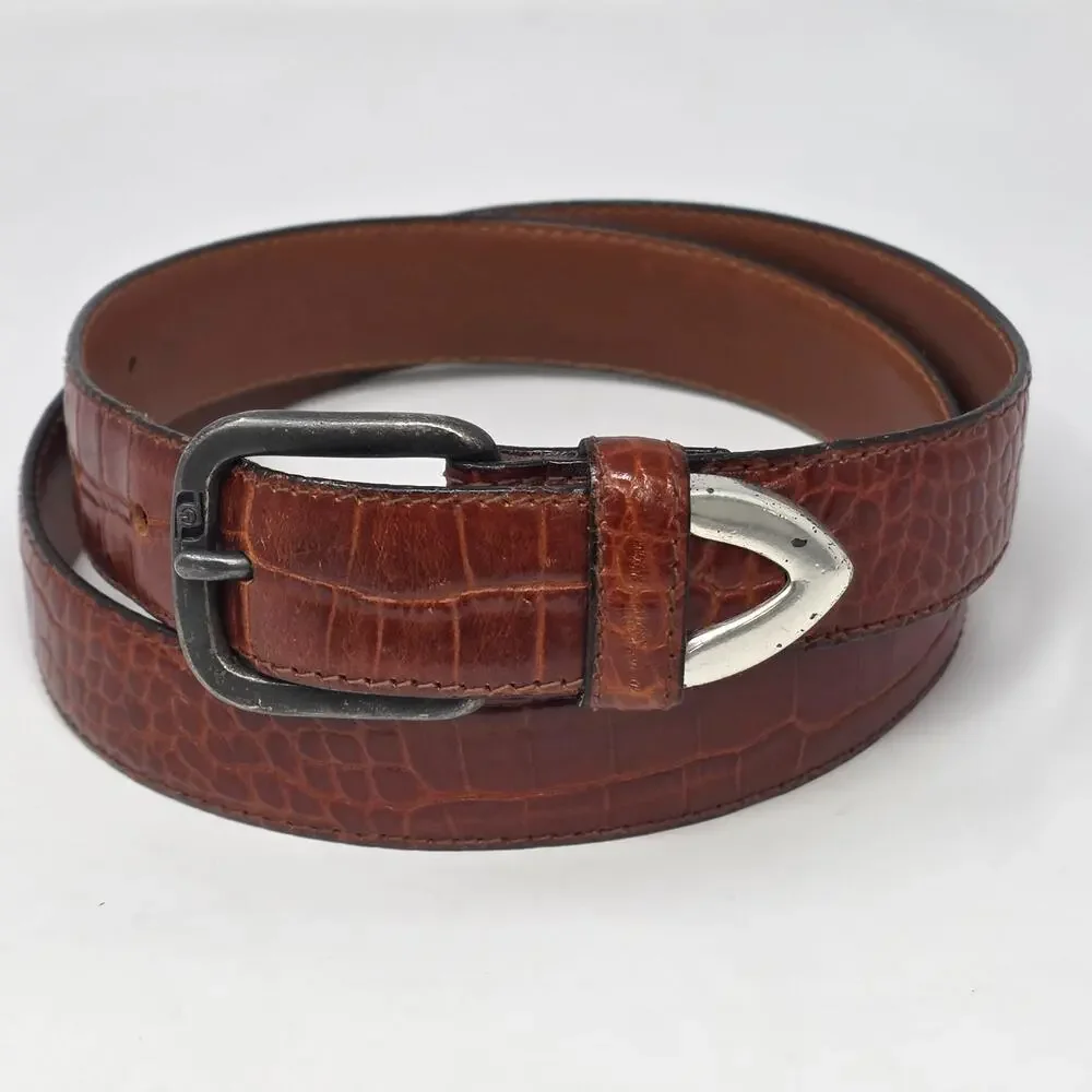 Crocodile Leather Belt Brown Solid Brass Buckle Mens Size 34 Academia Office USA